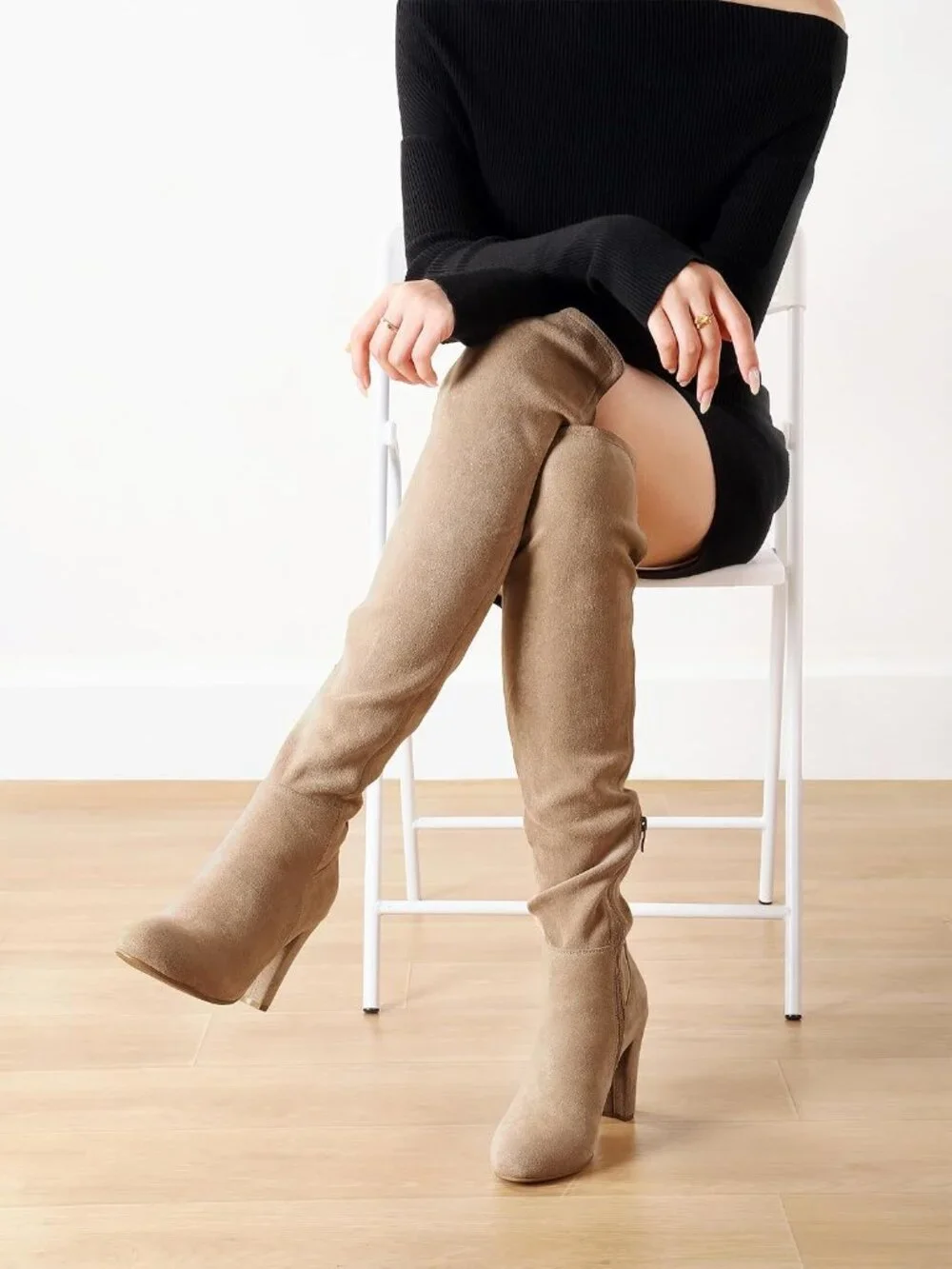 Women's Khaki Faux Suede Chunky Heel Stretch Over The Knee Thigh High Boots